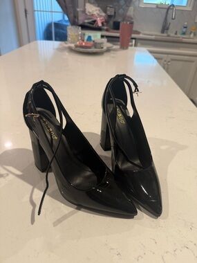 BAMBOO Black Patent Pointed Toe Block Heel Pumps with Ankle Tie Strap